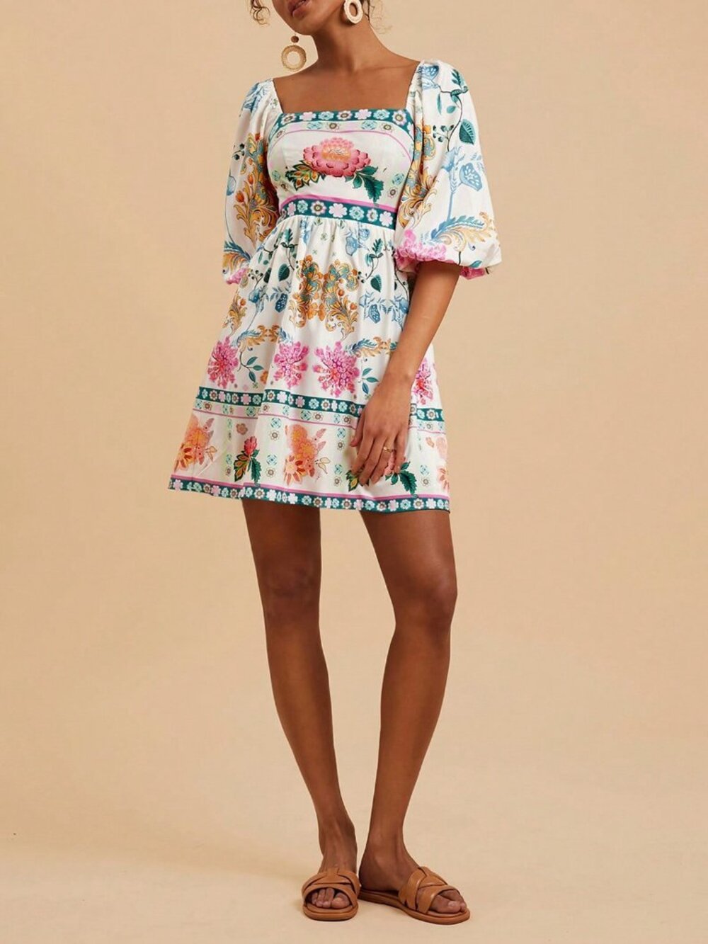 Multicolor Boho Women's Woven Print Short Sleeve V-Neck Mini Dress Festival - Picture 3 of 7